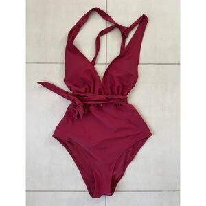 Cupshe Swim One Piece Swimsuit Halter Strappy Cranberrry